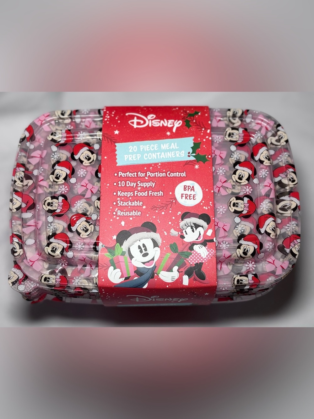 Disney Mickey & Minnie Mouse Santa 20 piece meal prep containers -NEW